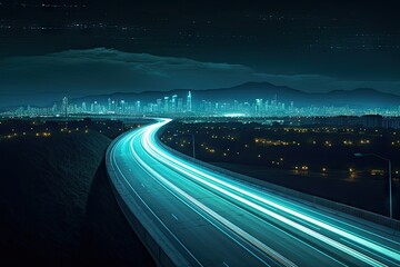 Urban rush. Nighttime traffic on modern city highway. Cityscape in motion. Speeding cars on lit up night road. Architectural marvels. Dynamic nightlife