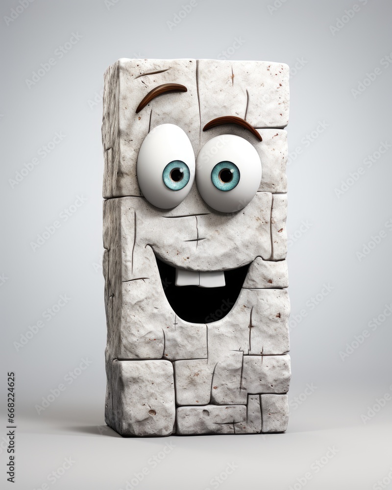Poster a white stone block with eyes and a smile on it. generative ai