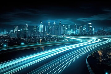 Urban rush. Nighttime traffic on modern city highway. Cityscape in motion. Speeding cars on lit up...
