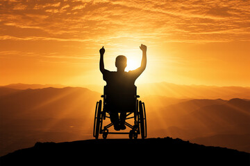silhouette of disabled person at sunset - obrazy, fototapety, plakaty