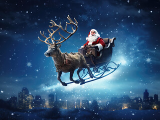 Santa Claus with Reindeers sleigh flying over the city on Christmas eve. Christmas, new year, winter and holiday greeting card - 668225425