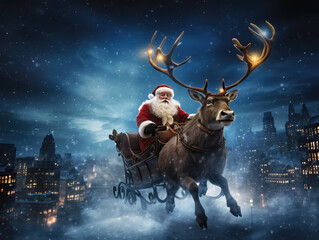 Santa Claus with Reindeers sleigh flying over the city on Christmas eve. Christmas, new year, winter and holiday greeting card - obrazy, fototapety, plakaty