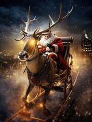 Santa Claus with Reindeers sleigh flying over the city on Christmas eve. Christmas, new year, winter and holiday greeting card