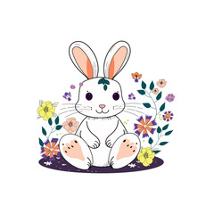 Vector illustration of a rabbit with flowers. Hand-drawn design for decor, postcards, children