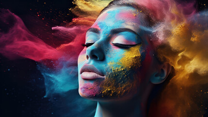 Advertising shot, face covered with multi-colored powder particles, energy, portrait on pure color background