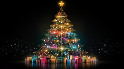 Fototapeta na wymiar Christmas tree with decoration and presents on dark background