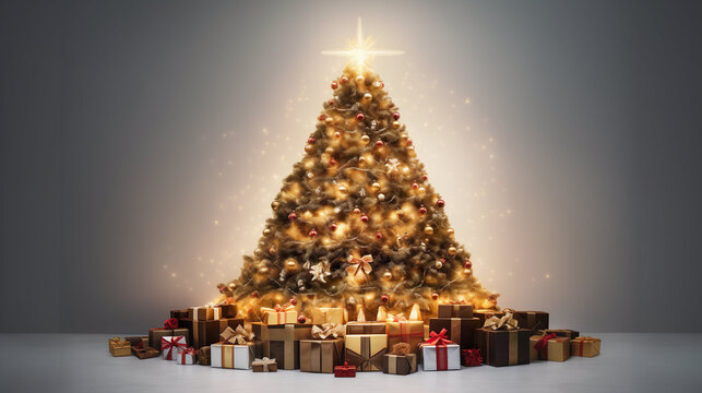 Christmas tree with decoration and presents on dark background - Powered by Adobe