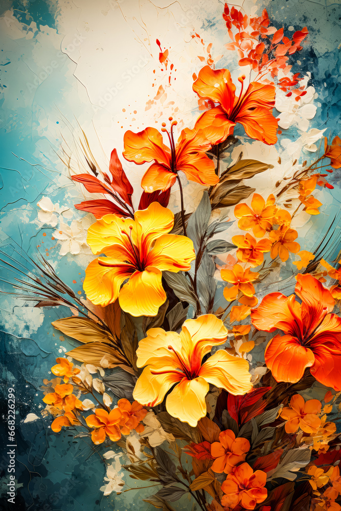 Sticker Image of orange and yellow flowers on blue background.