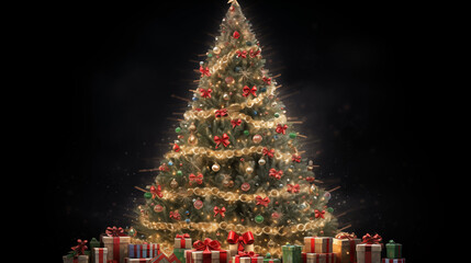Christmas tree with decoration and presents on dark background