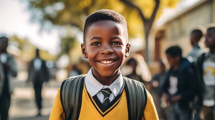 Happy African American schoolboy standing in front of a school building. Smiling African boy with a backpack standing on the school campus. Cheerful young student walking to an academy. - obrazy, fototapety, plakaty