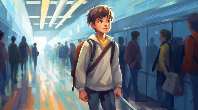 Happy boy walking in a crowded school corridor with a backpack. illustration of a Cheerful kid walking around the school on recess in the middle of a school day. Happy scholar in a busy academy.