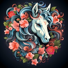 White horse with blue mane and flowers on black background.