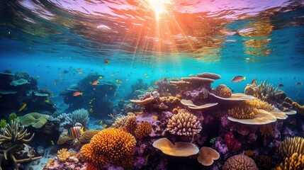Fototapeta na wymiar turtle with group of colorful fish and sea animals with colorful coral underwater in ocean