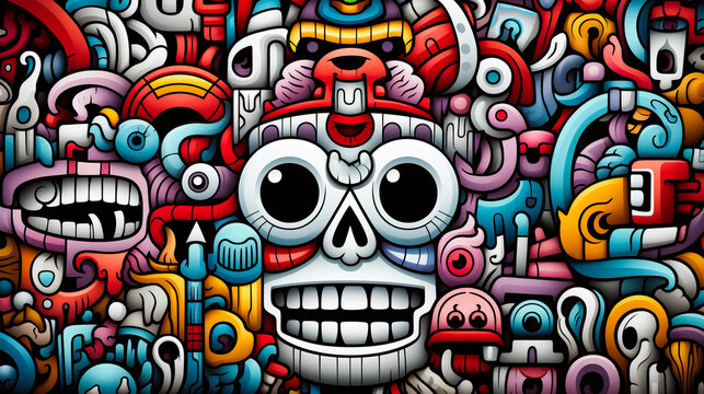 Image of skull surrounded by many different items and colors.