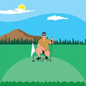 Man on a golf course. Vector illustration in flat design style.