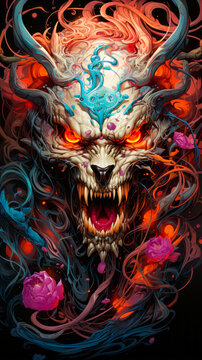 Image of wolf with red eyes and demon like face.