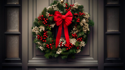 Fototapeta na wymiar Christmas wreath on a dark panelled front door