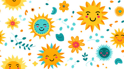 Colorful funny children doodle seamless pattern wallpaper. cute drawing of smiling suns and flowers on a white background for crafts, scrapbooking, gift wrap, cards, art projects. 