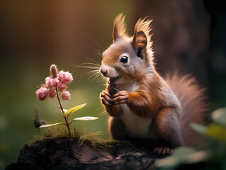 Naklejka na ściany i meble Cute red squirrel sitting on log looking at pink flowers with blurred forest background