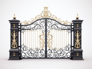 3D image of a decorative and luxury gate. Has 2 door openings. Floral motif carving fills both the door leaf and the door post.