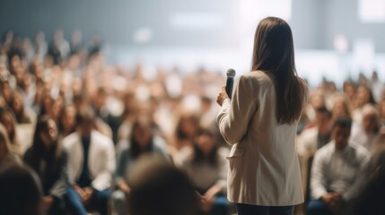 Professional female speaker giving speech in crowded 