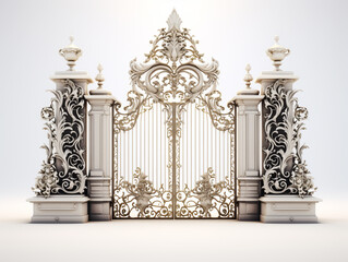 Naklejka premium 3D image of a decorative and luxury gate. Has 2 door openings. Floral motif carving fills both the door leaf and the door post.