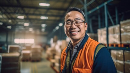 Fototapeta premium Worker in a warehouse, Man in high visibility vest, blurred shelves stacks background. Generative AI