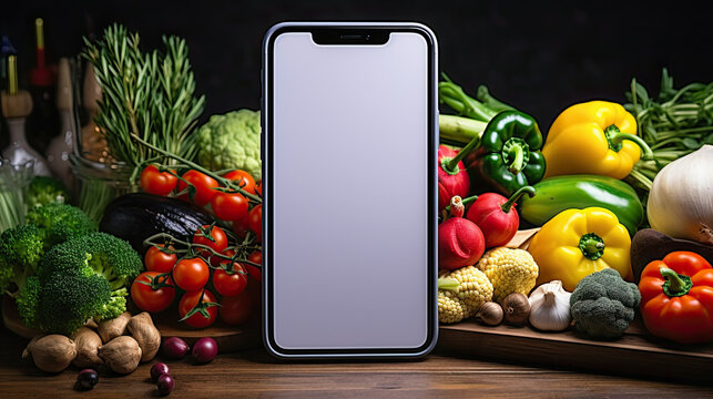 Top View Of Smartphone With White Screen Mockup, In Front Fresh Vegetables On The Table. Delivery Fresh Food Concept, Healthy Nutrition Menu