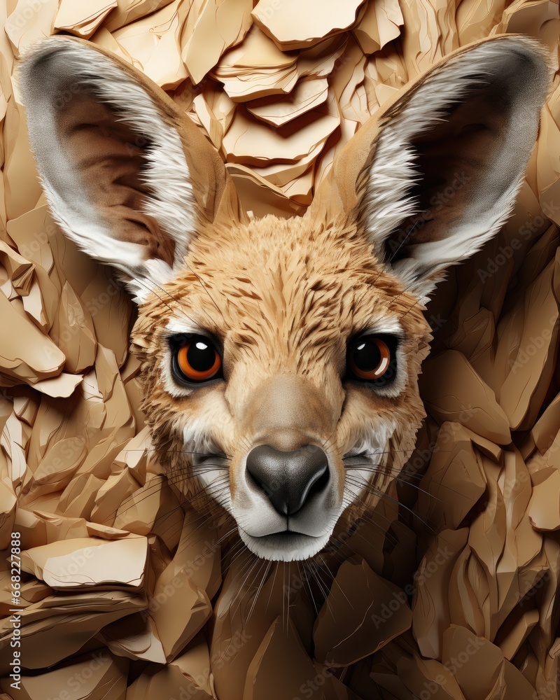 Poster a close up of a animal's face on a pile of paper. generative ai