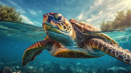 Fototapeta premium turtle with group of colorful fish and sea animals with colorful coral underwater in ocean