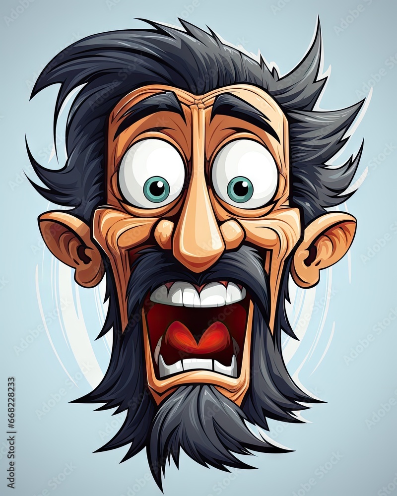 Poster a cartoon character with a beard and big eyes with a surprised expression. generative ai