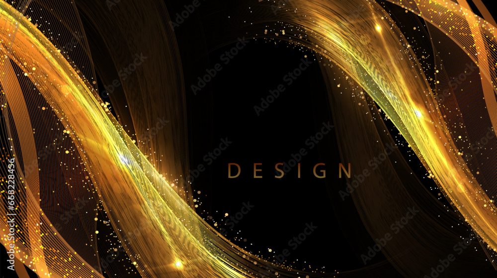 Canvas Prints gold minimal wavy shapes with sparkles and tinsel on a black background.