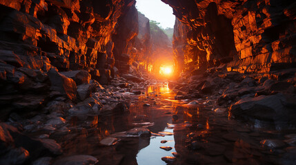 A glowing lava tube cave, where the fiery red glow of molten lava flows beneath a solid, rocky crust, providing a mesmerizing and dangerous spectacle
