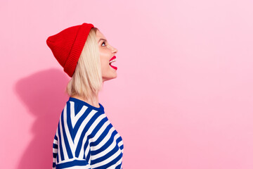 Profile cadre of young surprised funky astonished girl watching new changes her automobile after...