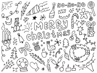 Christmas doodles. Hand drawn xmas illustrations. isolatad white background Winter New Year black outline. Modern design for holiday greeting card, gift tag, label, sticker, banner, poster, postcard