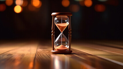 A hourglass isolated on wooden floor. - obrazy, fototapety, plakaty