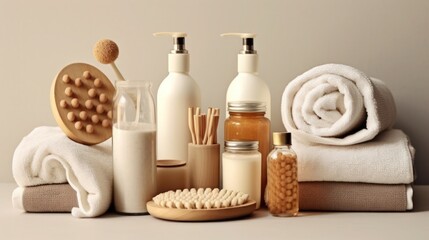 Fototapeta na wymiar Spa concept with towel and spa aromatherapy items