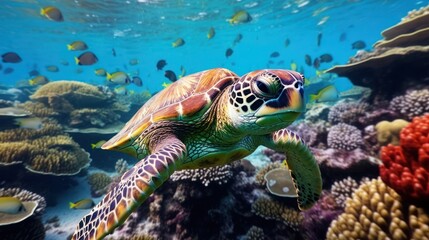 Fototapeta premium turtle with group of colorful fish and sea animals with colorful coral underwater in ocean