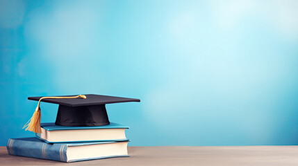 School books with graduation hat on light blue background
