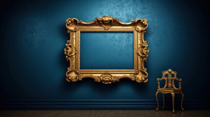 Antique art fair gallery frame on a royal blue wall at a museum or auction house. - obrazy, fototapety, plakaty