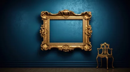 Fotobehang Antique art fair gallery frame on a royal blue wall at a museum or auction house. © tong2530