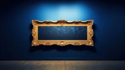 Fotobehang Antique art fair gallery frame on a royal blue wall at a museum or auction house. © tong2530