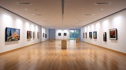 Art gallery with beautiful paintings displayed on minimalist white walls. Exhibition beautiful paintings displayed.