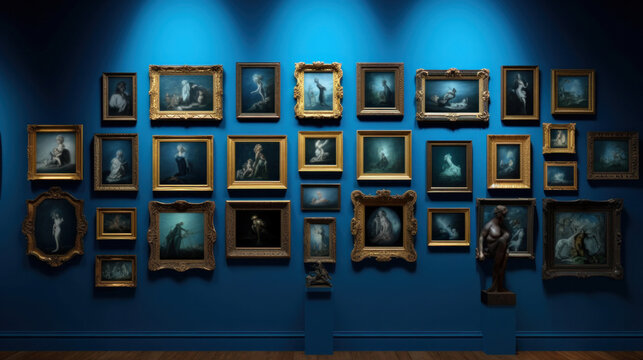 Antique art fair gallery frame on a royal blue wall at a museum or auction house.