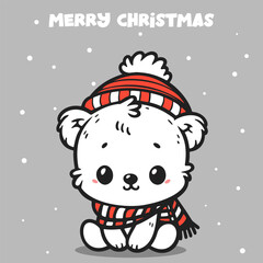 Cute polar bear in hat and scarf. Christmas card. Vector stock illustration. 