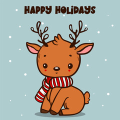 Cute christmas deer with scarf. Happy holidays text. Vector illustration. 