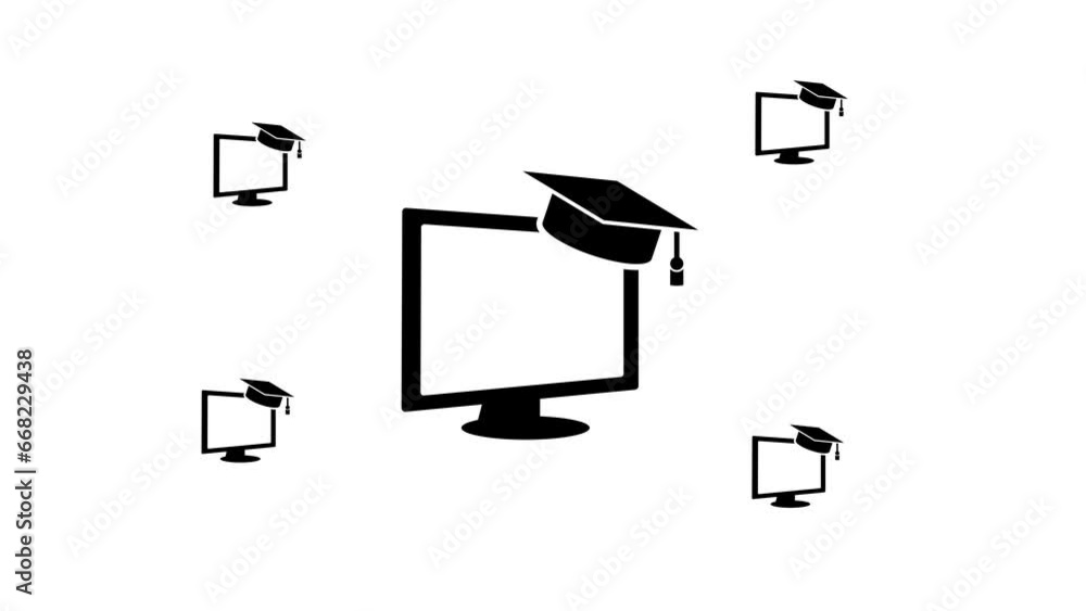 Poster zoom in and out animation the distance learning symbol. large black symbol in the center and four sm