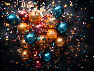 Obraz na płótnie Canvas Hintergrund für Fasching und Karneval mit glitter Luftschlangen und Luftballons, ai generativ