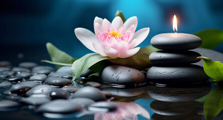 Fototapeta na wymiar Spa still life with water lily, balanced rocks and candle