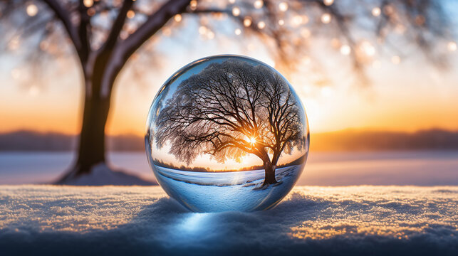 arvore dentro de bola de cristal em cen&aacute;rio de inverno 